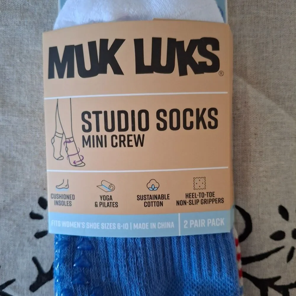 Muk Luks L Mini Crew Socks 2 Pair Pack Cushioned Non-Slip Yoga Colors vary !
